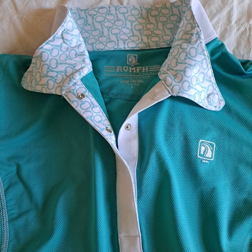 Romfh Show Shirt Equestrian Green White Sz L EUC